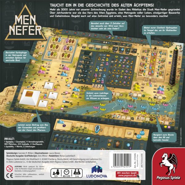 Men-Nefer von Pegasus Rückseite Box mit Kurzbescheibung und Spielmaterial