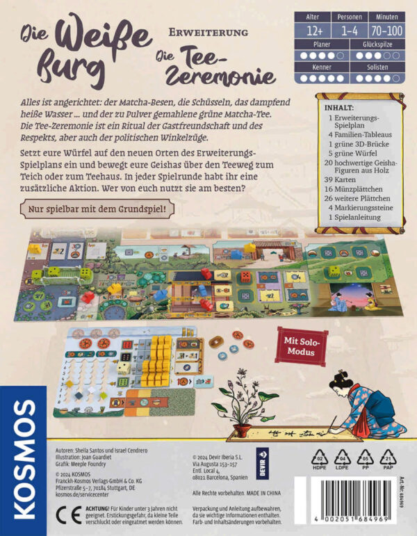 Die weisse Burg Tee Zeremonie Erweiterung Box Rückansicht mit Kurzbeschreibung und Darstellung einer Spielsituation