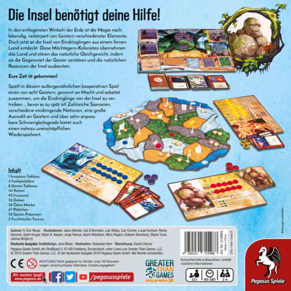 Spirit Island Box Rückseite mit Kurzbeschreibung und Spielmaterial